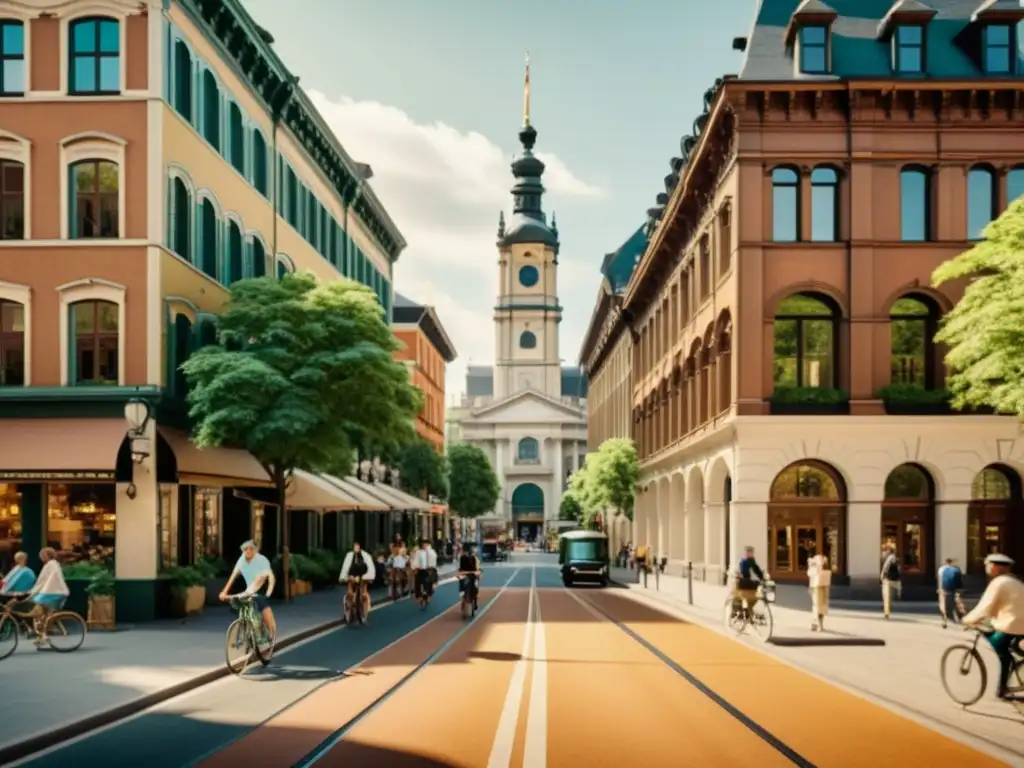 Una calle histórica bulliciosa con patrones de planificación urbana sostenible, arquitectura tradicional y detalles vibrantes