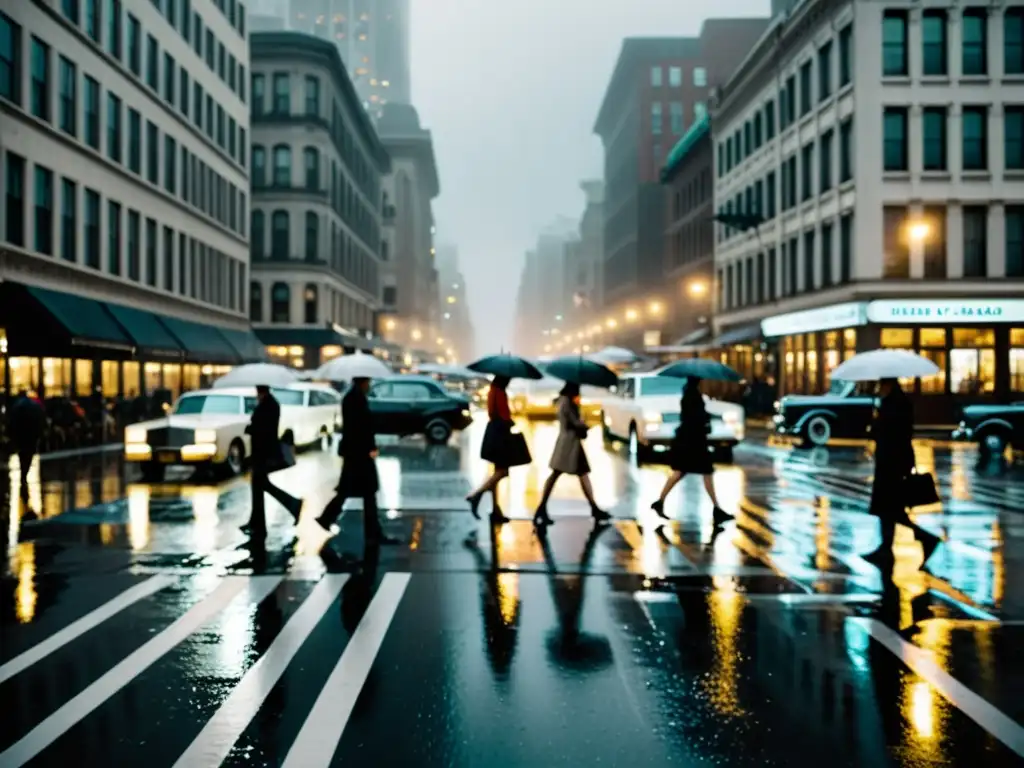 Una calle urbana bulliciosa durante una lluvia intensa, con reflejos de luces de la ciudad en el pavimento mojado