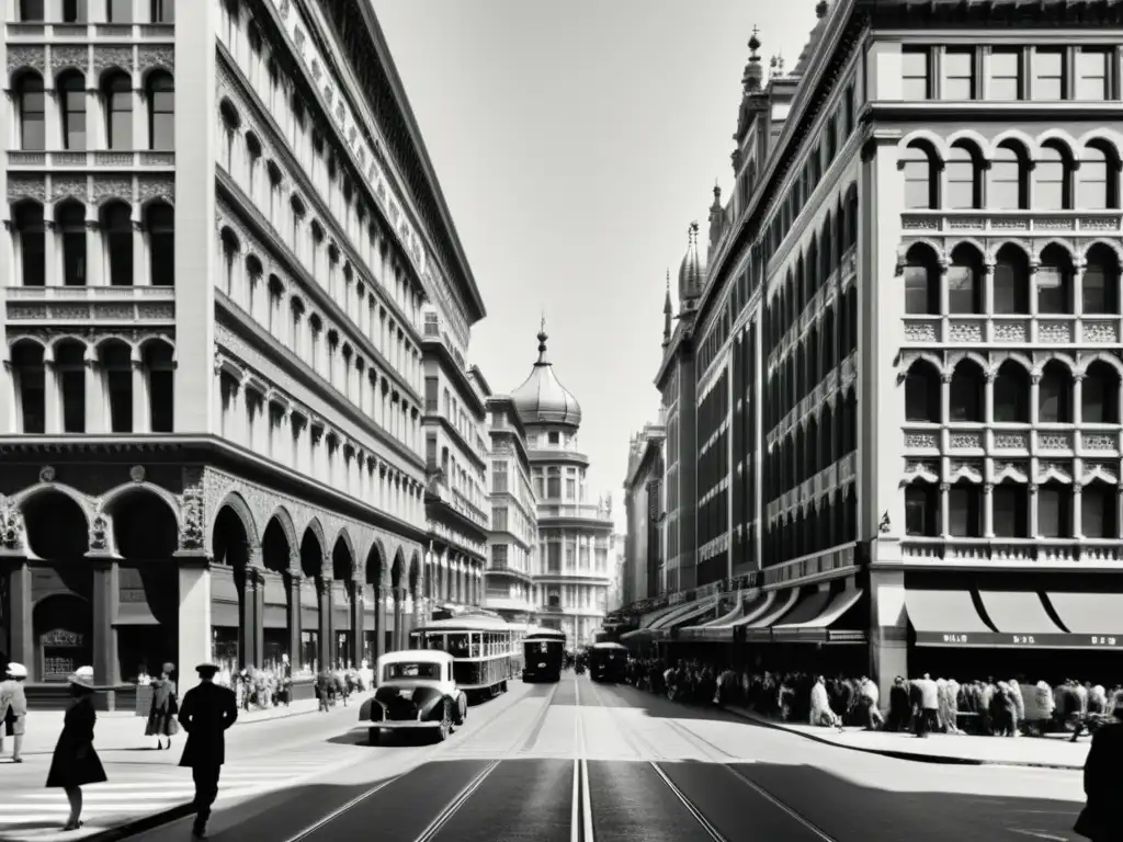 Una calle urbana bulliciosa con patrones arquitectónicos geométricos evoca historia y sofisticación