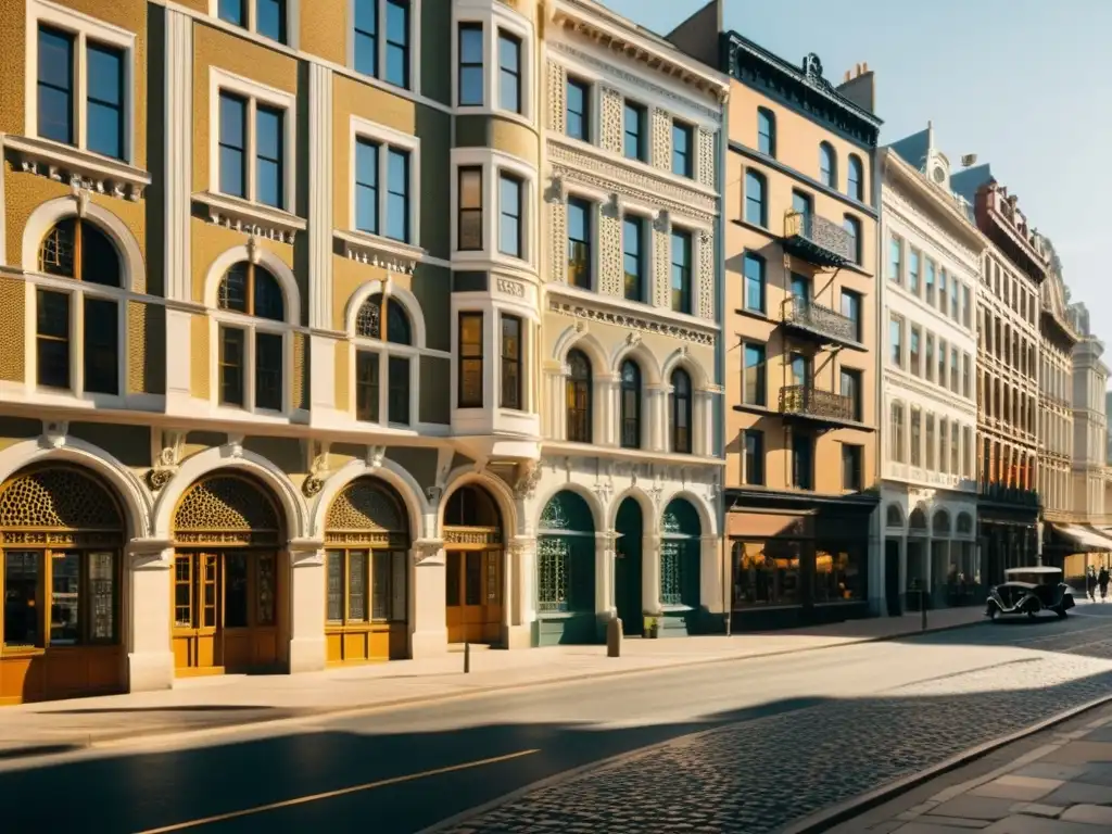 Una calle urbana bulliciosa con patrones arquitectónicos de estilo victoriano, gótico y art déco