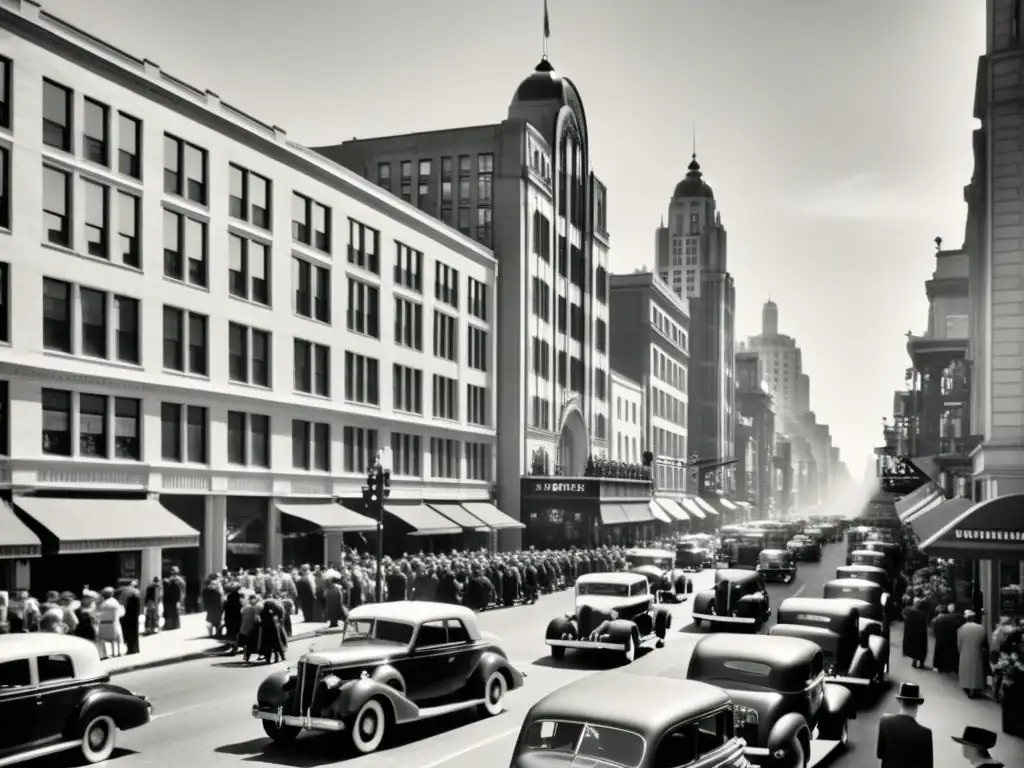 Una calle urbana vintage con patrones arquitectónicos geométricos, coches antiguos y gente vestida al estilo de los años 40