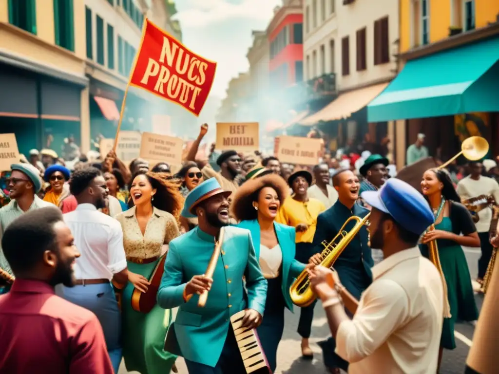 Manifestación callejera vintage con música, pancartas coloridas y energía colectiva