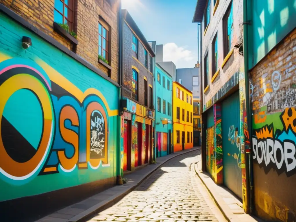 Un callejón urbano vibrante con arte callejero internacional, patrones y colores, bañado en una cálida luz nostálgica