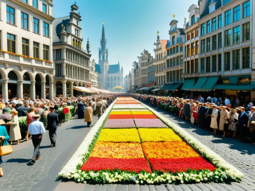 Calles de Bruselas durante el festival de alfombras de flores con mitología y turistas admirando el colorido tapiz floral