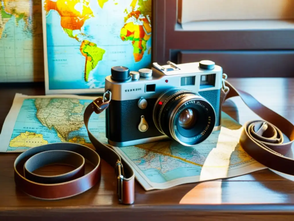 Una cámara vintage rodeada de rollos de película expuesta, correa de cuero y un mapa con pins marcando patrones culturales alrededor del mundo