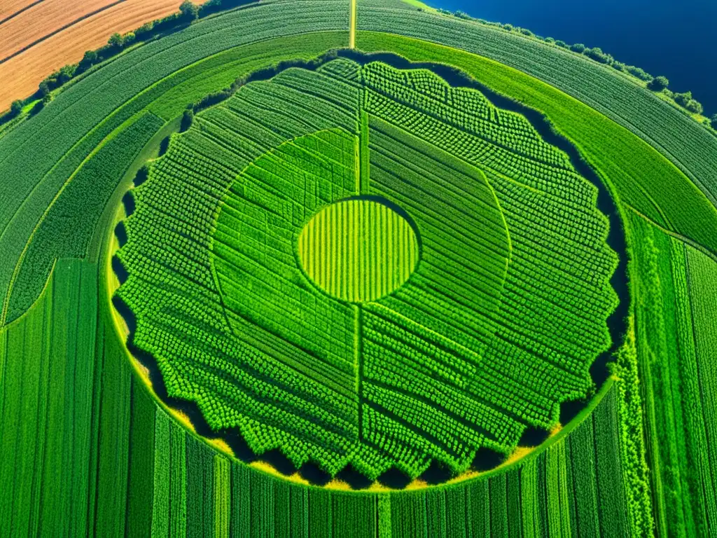 Un campo agrícola exuberante con un intrincado diseño de círculos en los cultivos, destacando la precisión y complejidad del fenómeno