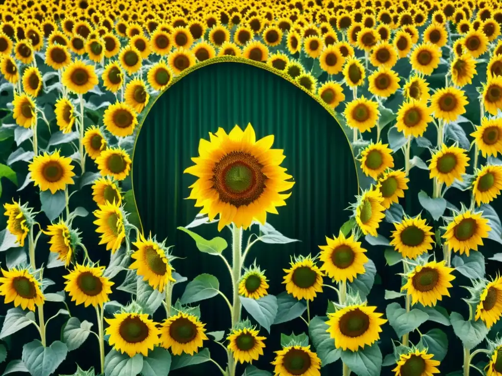 Un campo de girasoles en perfecta simetría, bañado por la cálida luz del sol, evoca el significado espiritual de mandalas naturales