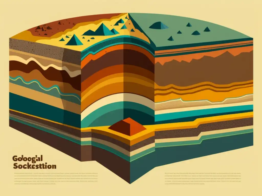 Ilustración vintage de capas geológicas en tonos terrosos, mostrando patrones naturales y formaciones en la corteza terrestre