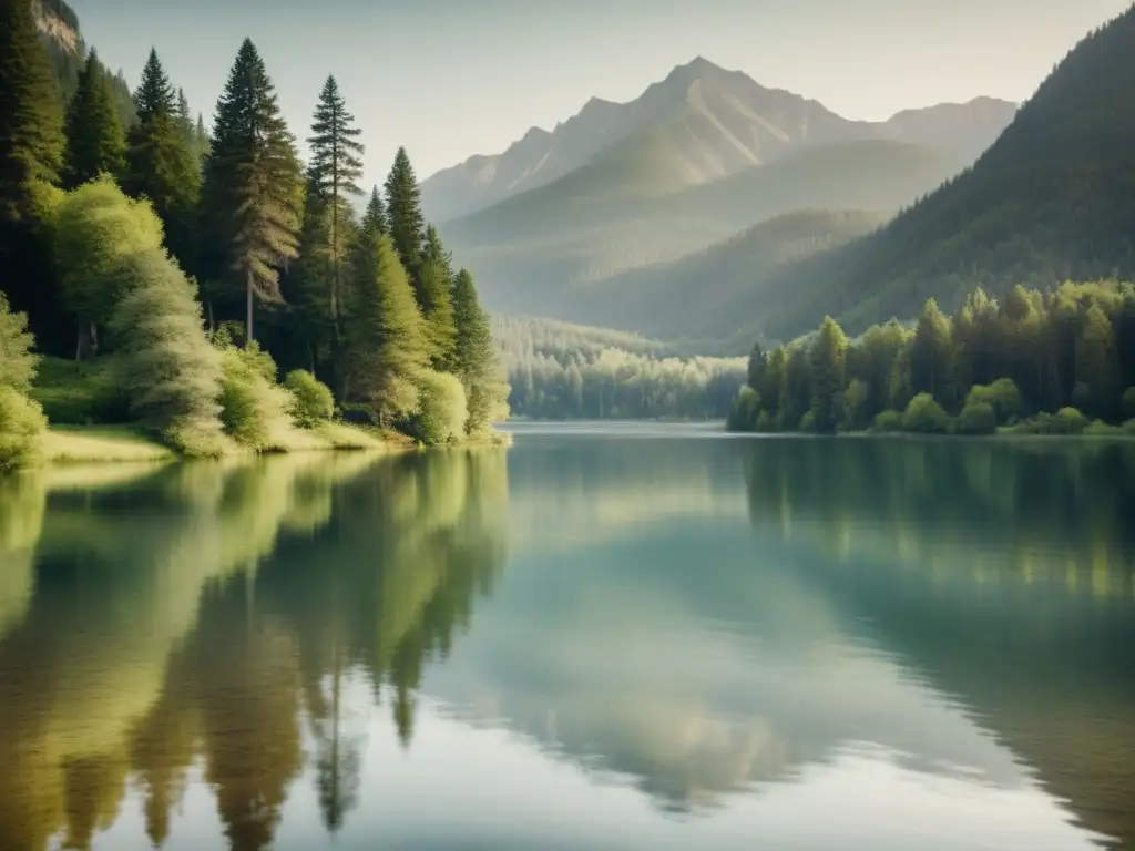 Captura fotográfica de patrones acuáticos en un lago sereno, reflejando árboles y montañas, transmitiendo calma y belleza natural