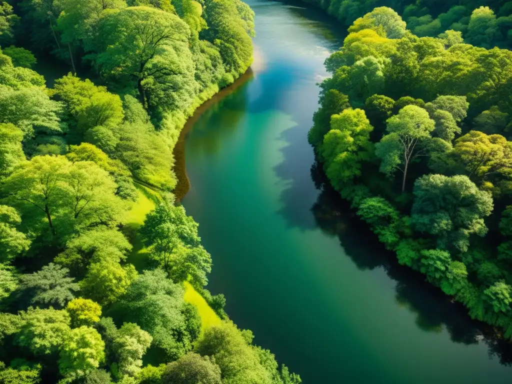 Captura fotográfica de patrones acuáticos en un río serpenteante entre un exuberante bosque verde, iluminado por el sol filtrado