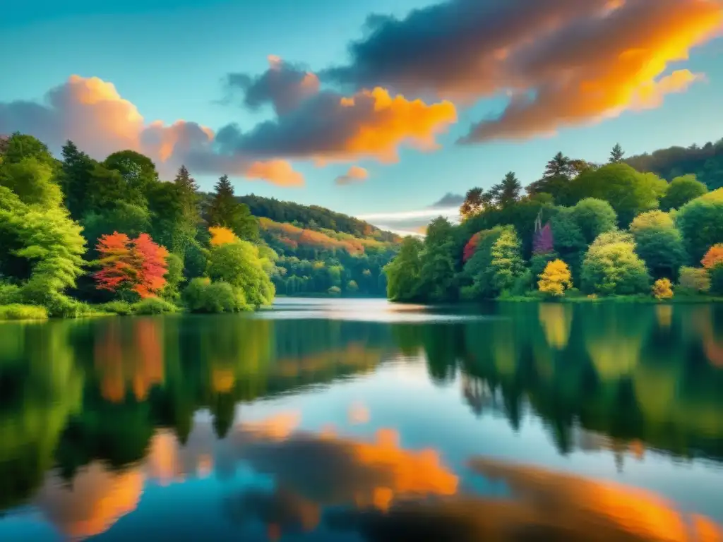 Captura fotográfica de patrones acuáticos en un lago tranquilo al atardecer, reflejando la belleza serena del cielo y la naturaleza circundante