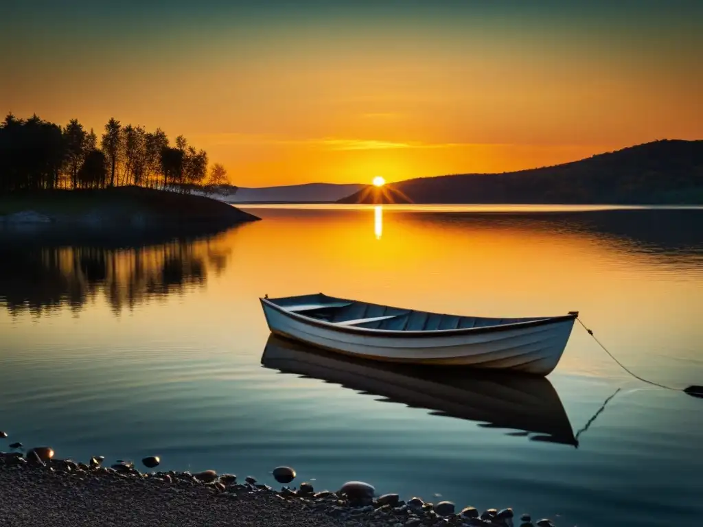 Captura fotográfica de patrones acuáticos en un lago tranquilo al atardecer, con reflejos dorados y una embarcación solitaria en la distancia