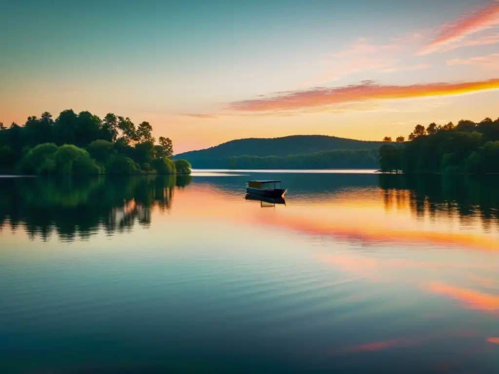 Captura fotográfica de patrones acuáticos en un lago sereno al atardecer, con reflejos del sol y un bote solitario en la distancia