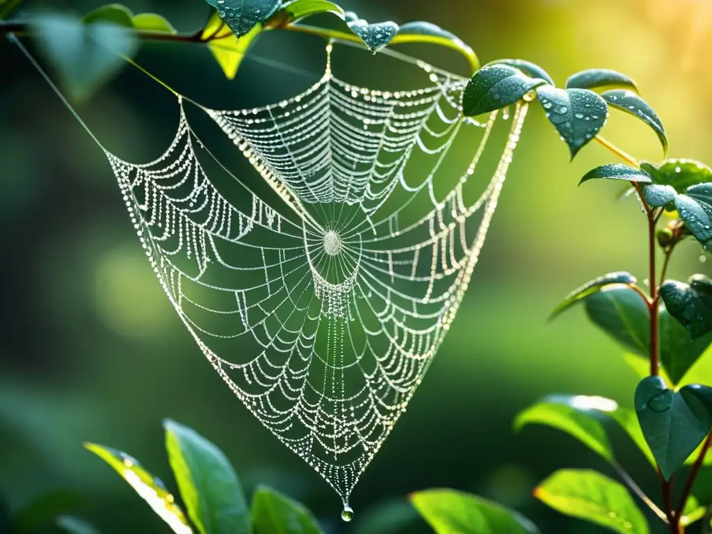 Captura fotográfica de patrones orgánicos naturales en una delicada telaraña cubierta de rocío matutino, entre exuberante follaje verde