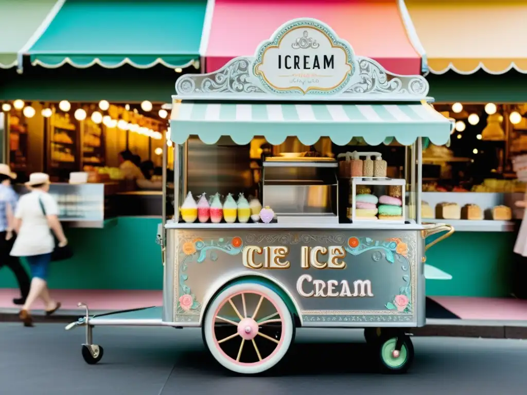 Un carrito plateado de helados con patrones en presentación helados, rodeado de gente en una bulliciosa plaza de la ciudad en un día soleado y festivo