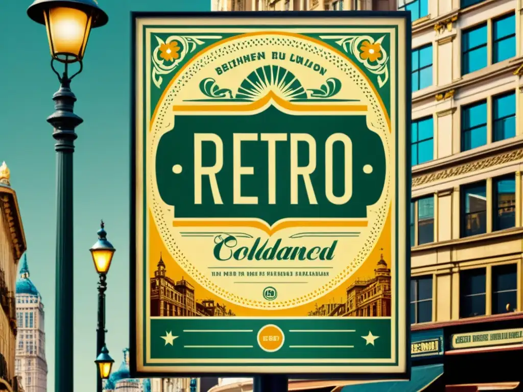 Un cartel publicitario retro con patrones intrincados y colores desgastados en una bulliciosa calle de la ciudad