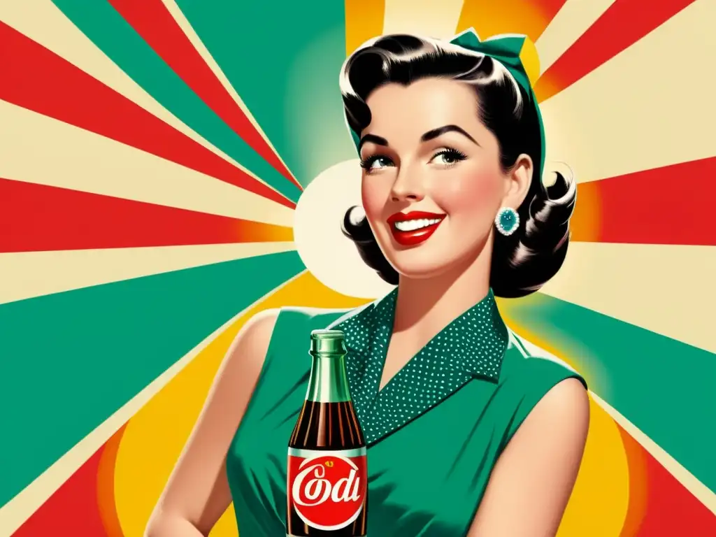 Cartel publicitario vintage con mujer en vestido glamoroso de los años 50, sosteniendo una botella de refresco clásico, rodeada de patrones vibrantes