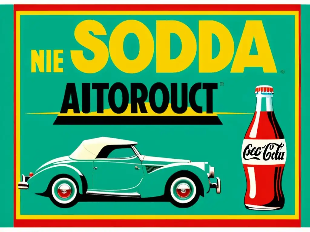 Cartel publicitario vintage: Soda, automóviles y moda de los años 50 Cartel publicitario vintage con patrones retro en estrategias de marketing