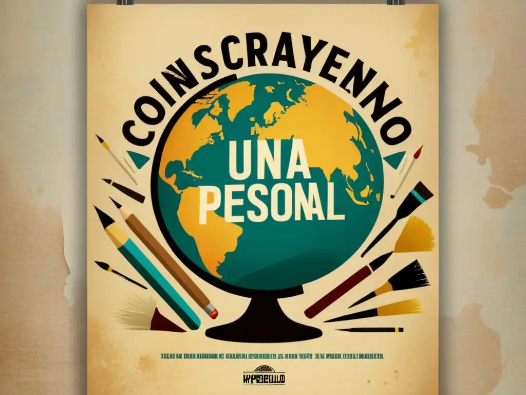 Cartel vintage: globo rodeado de herramientas artísticas con texto 'Construyendo una Marca Personal Fuerte