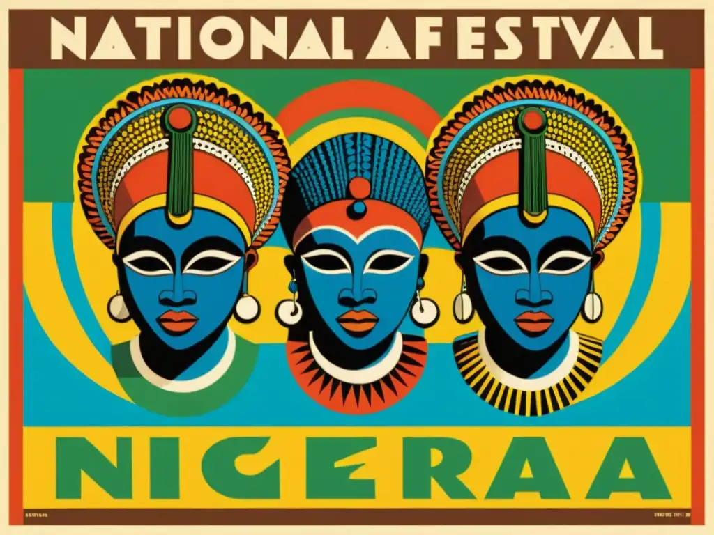 Cartel vibrante del Festival Nacional de Arte de Nigeria con patrones tribales en colores terrosos, evocando la rica cultura africana