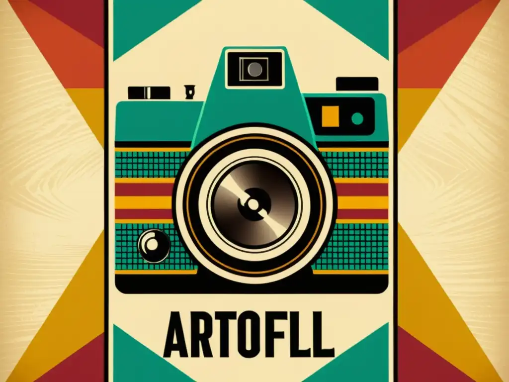 Póster vintage con cámara retro en tonos tierra Un cartel vibrante de inspiración vintage con patrones geométricos audaces y tonos terrosos