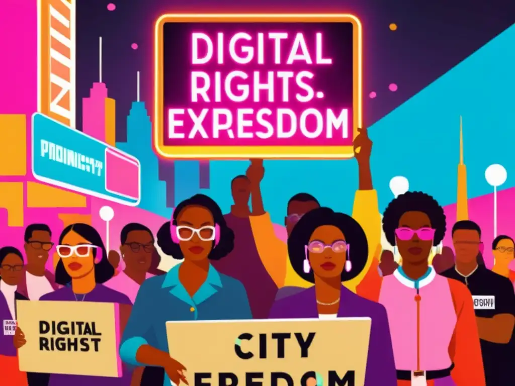 Manifestación digital en la ciudad futurista Un cartel vintage con activistas diversos sosteniendo pancartas sobre derechos digitales, rodeados de símbolos tecnológicos y una ciudad vibrante