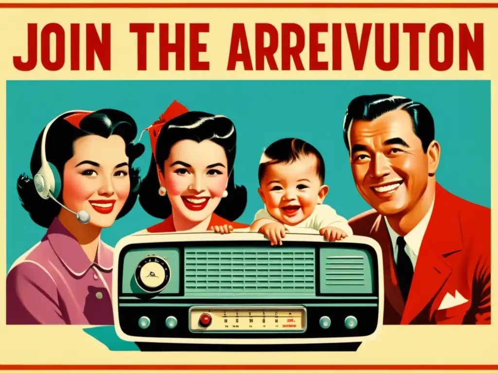 Cartel vintage de los años 50 con familia sonriente alrededor de la radio