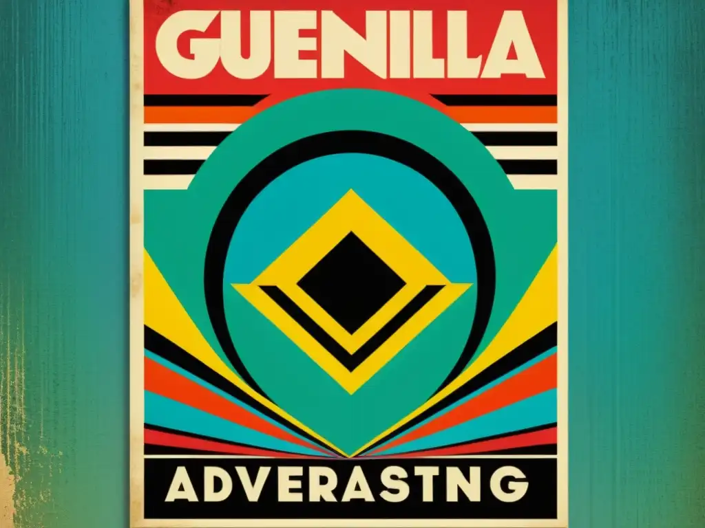 Un cartel vintage de una campaña de publicidad de guerrilla, con patrones intrincados y colores llamativos