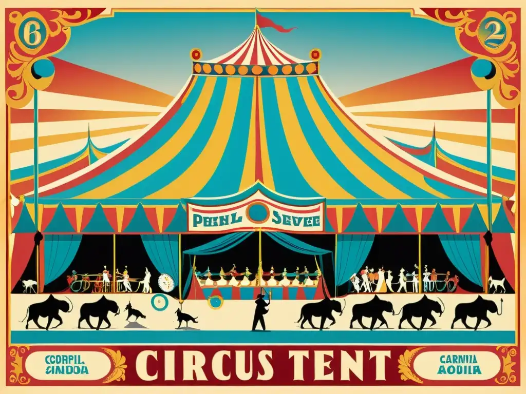 Cartel vintage de circo colorido y fascinante Un cartel vintage con un colorido y detallado circo rodeado de animales y artistas