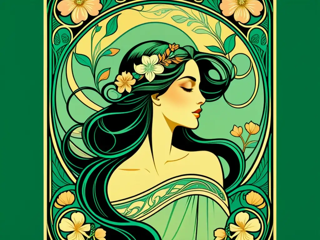 Un cartel vintage detallado de Art Nouveau con patrones florales intrincados y líneas elegantes en colores pastel, destacando la gracia y los detalles ornamentales del estilo