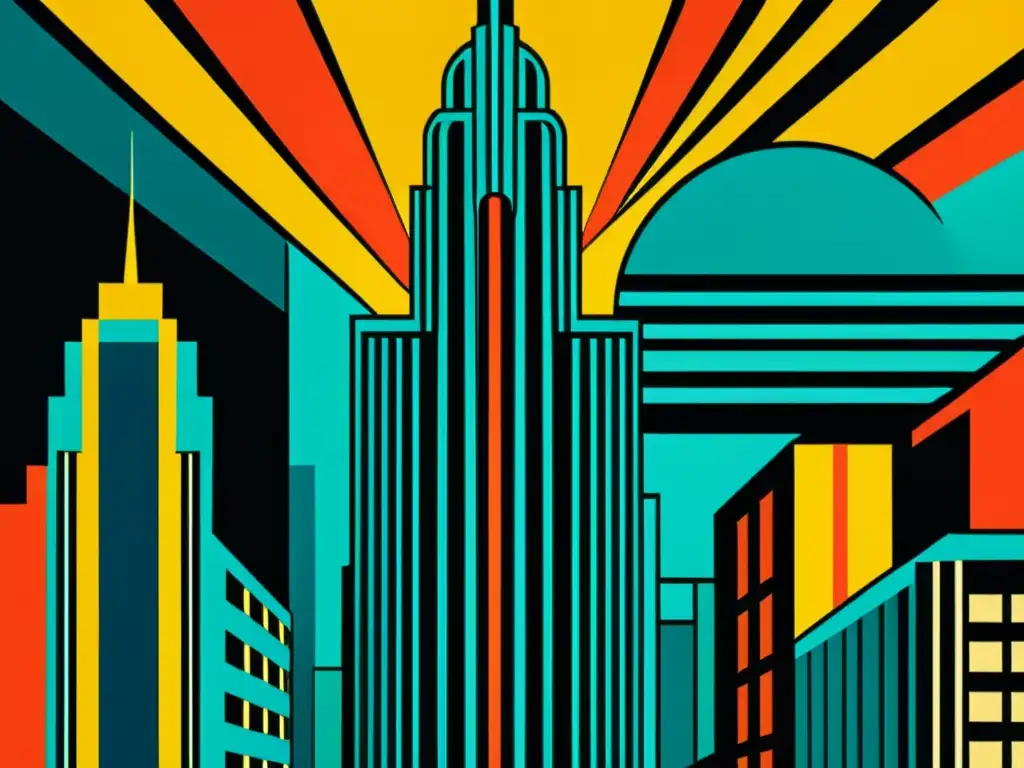 Un cartel vintage detallado de la era Art Deco, con patrones geométricos intrincados y colores vibrantes