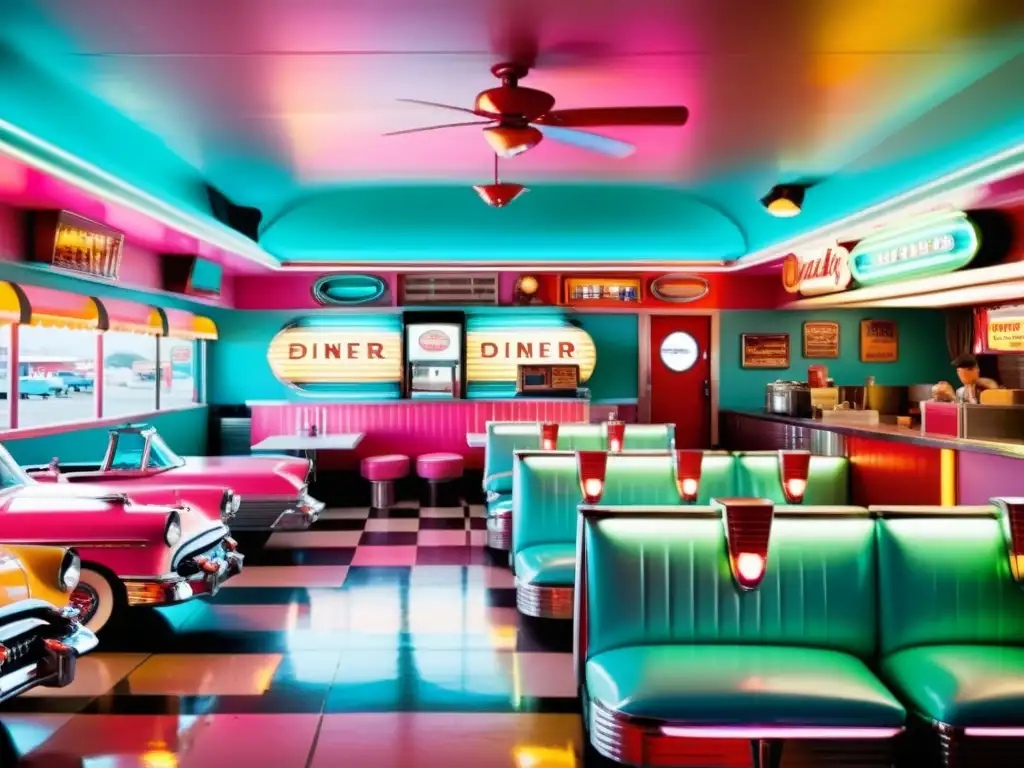 Diner retro de los años 50: ambiente nostálgico y animado Un cartel vintage con escena nostálgica de un diner de los años 50, luces de neón, jukebox y coches clásicos