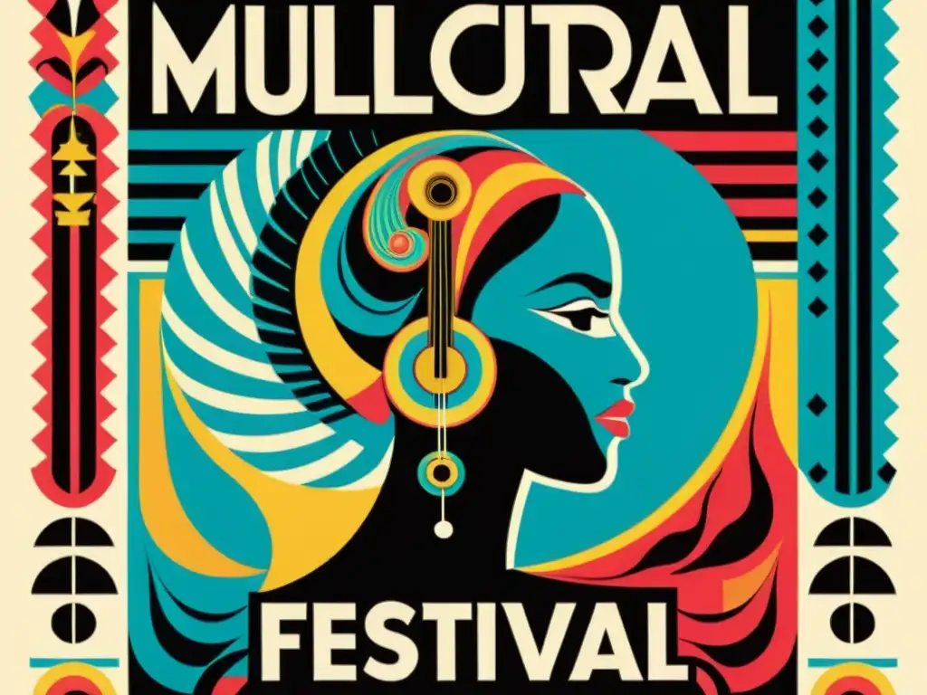 Cartel vintage de festival multicultural con patrones musicales visuales sincronizados y símbolos culturales de todo el mundo en vibrantes colores