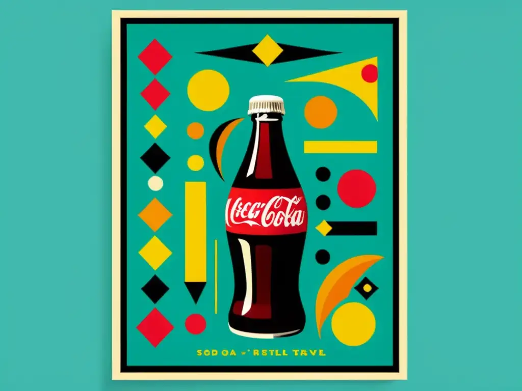 Un cartel vintage con patrones artísticos en campañas publicitarias evoca la nostalgia y el encanto retro con colores vibrantes y formas dinámicas