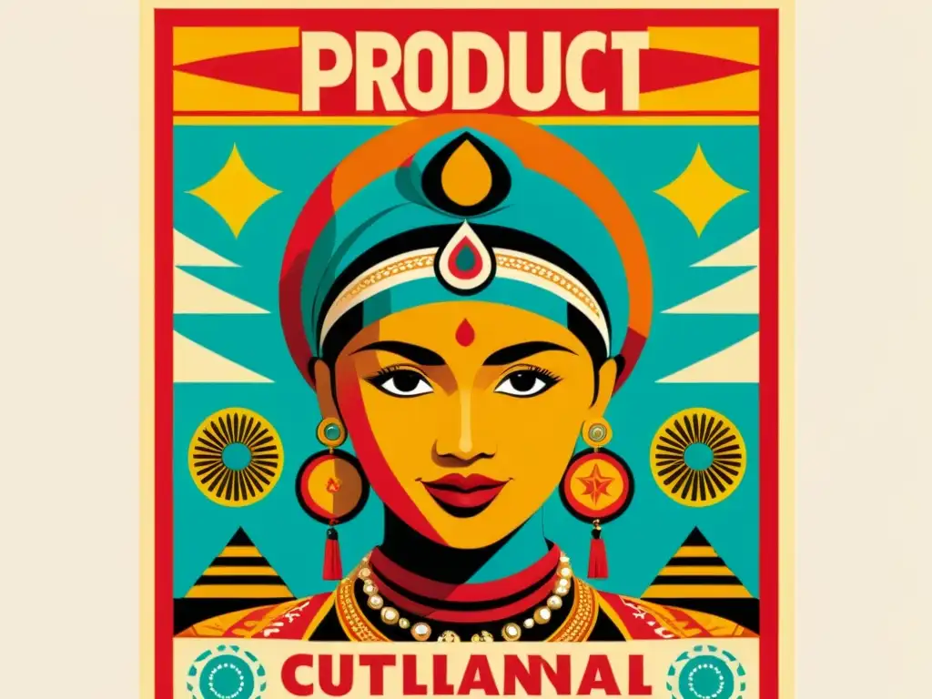 Cartel vintage con símbolos y motivos culturales Un cartel vintage con patrones culturales en publicidad, mostrando símbolos y motivos tradicionales en una ilustración central vibrante y llamativa