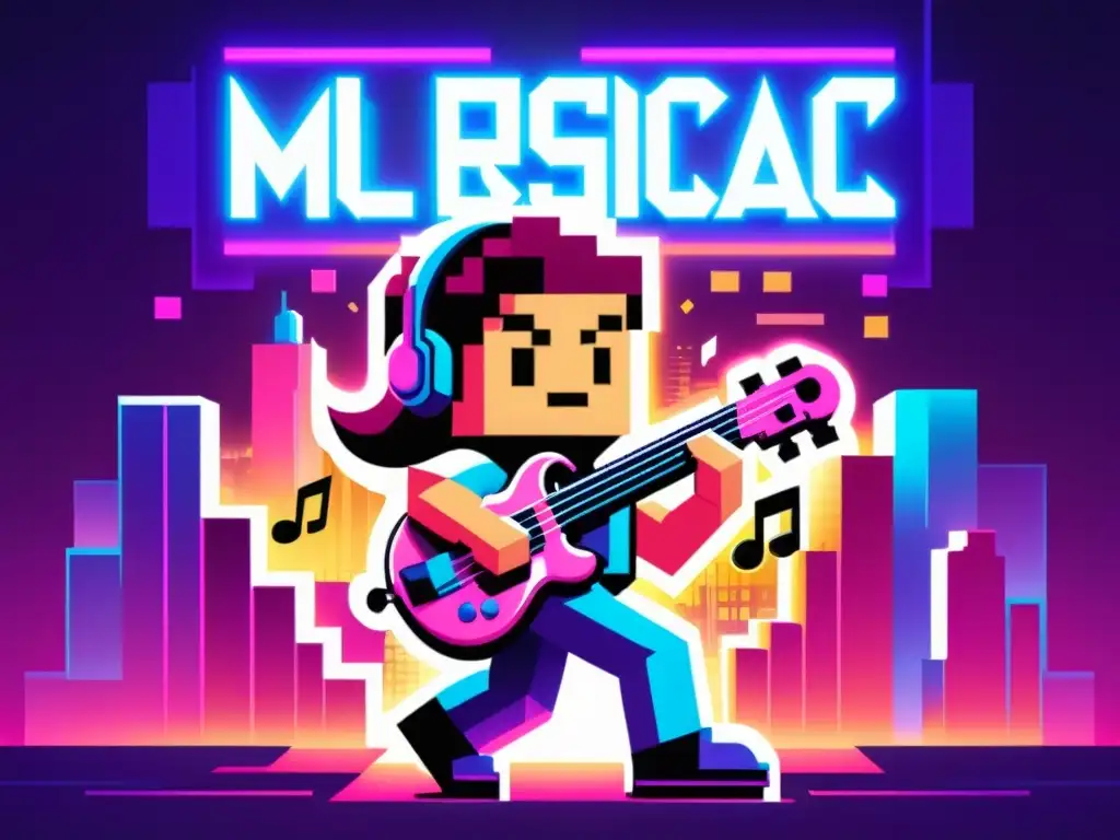 Cartel vintage con personaje de videojuego rodeado de notas musicales, en tonos azules, morados y rosas