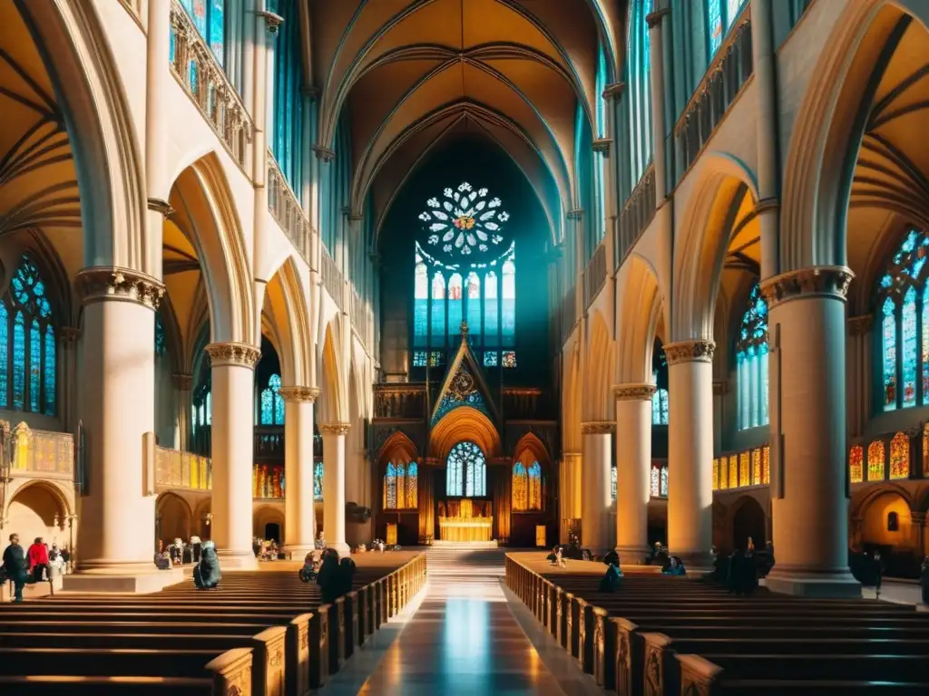 Una catedral histórica bañada en cálida luz solar, con detalles arquitectónicos y vitrales