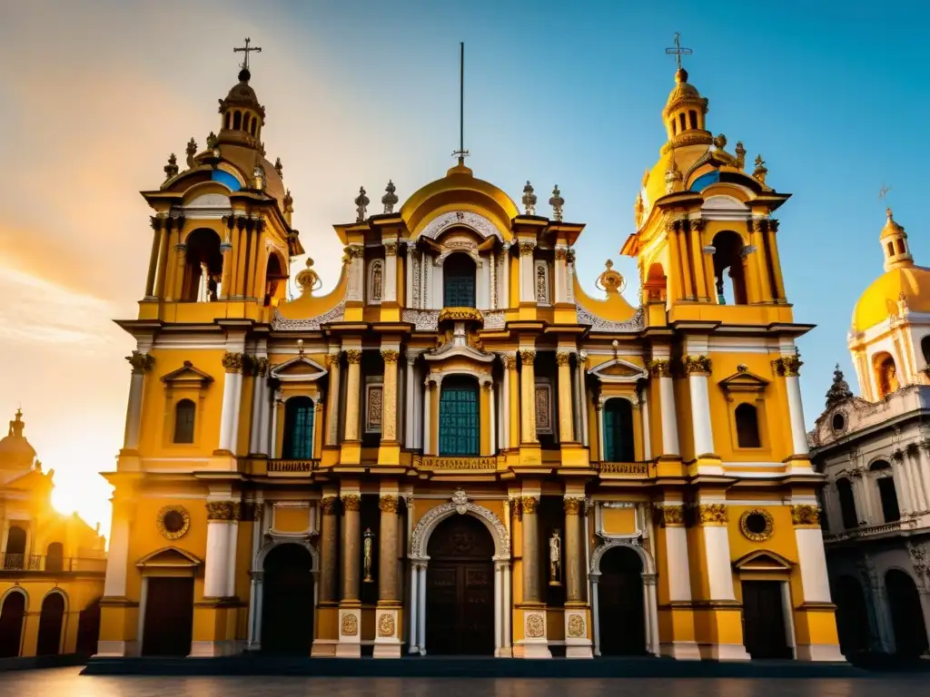 Una catedral imponente en Latinoamérica, con patrones religiosos y detalles barrocos, bañada por la cálida luz dorada del atardecer