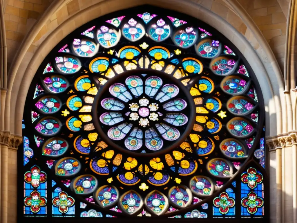 Rosetón de la Catedral de Notre Dame en París: luz solar atraviesa vidrieras, creando un hipnótico juego de colores y patrones artísticos góticos