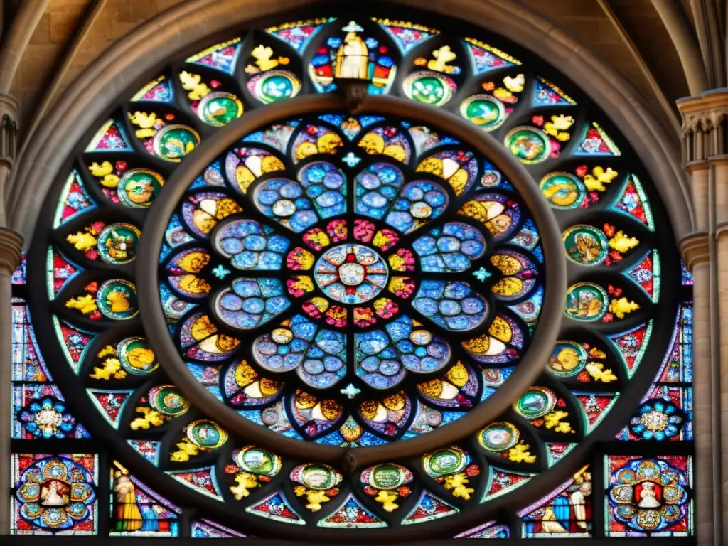 Rosetón de la catedral de Notre Dame en París, con trazados delicados y paneles de vidrio vibrantes en una estética vintage