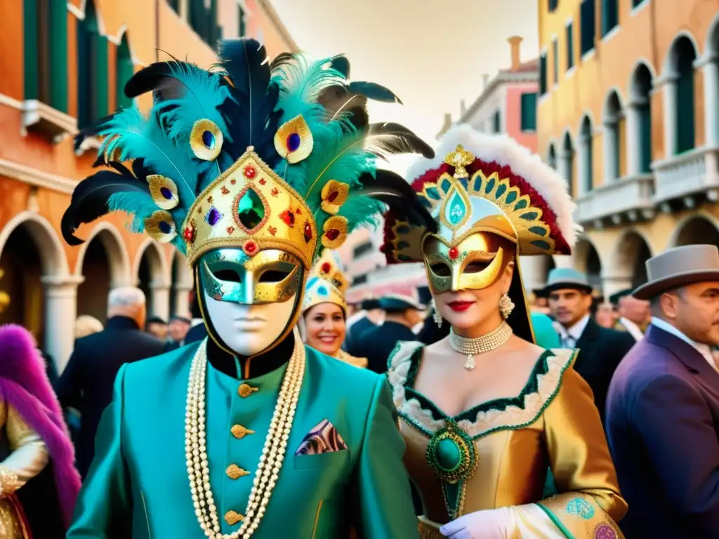 Una cautivadora escena callejera llena de vida durante el Carnaval de Venecia, con deslumbrantes patrones en carnavales internacionales