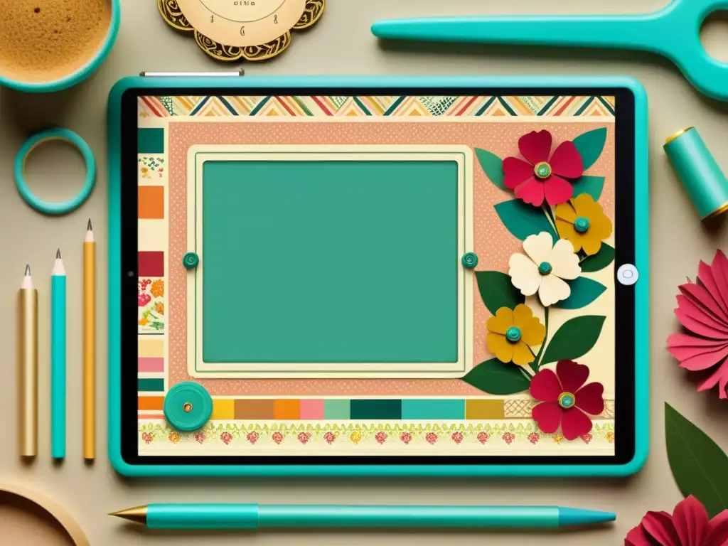 Una cautivadora imagen vintage de un scrapbook digital con patrones intricados y coloridos en una tablet