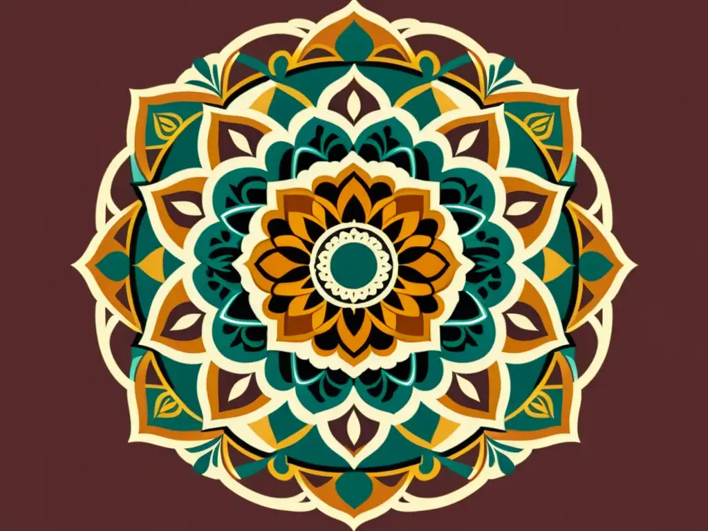 Una cautivadora ilustración vintage de un mandala con patrones geométricos y colores terrosos, rodeado de detalles florales y ornamentales