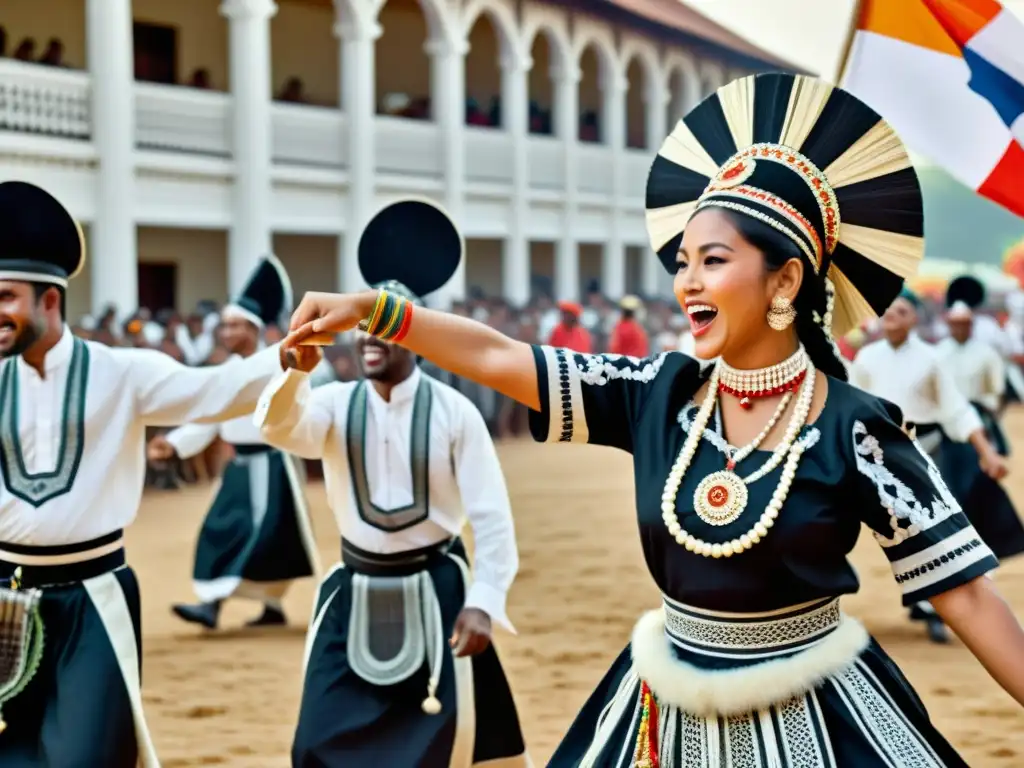 Una celebración cultural con patrones tradicionales en transición: baile, vestimenta y energía vibrante en blanco y negro