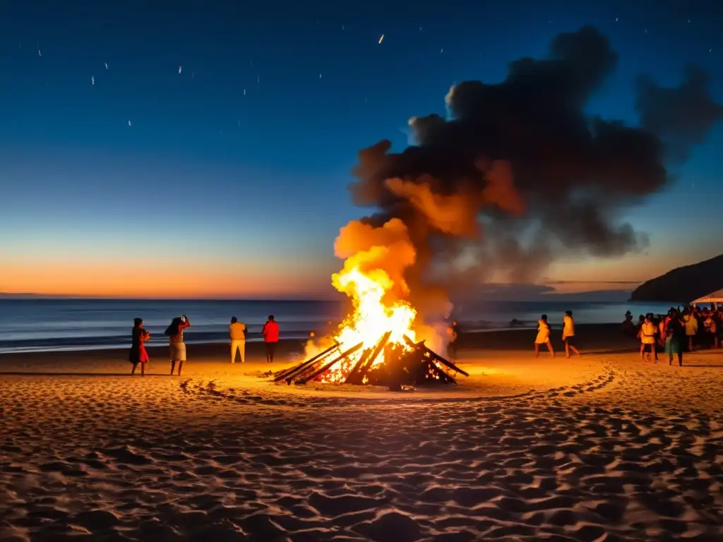 Una celebración mágica de Noche de San Juan con patrones en la playa y un cálido fuego de playa iluminando la noche