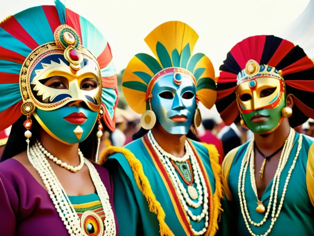 Una celebración tradicional iberoamericana llena de espiritualidad e identidad, con personas adornadas con máscaras y trajes vibrantes