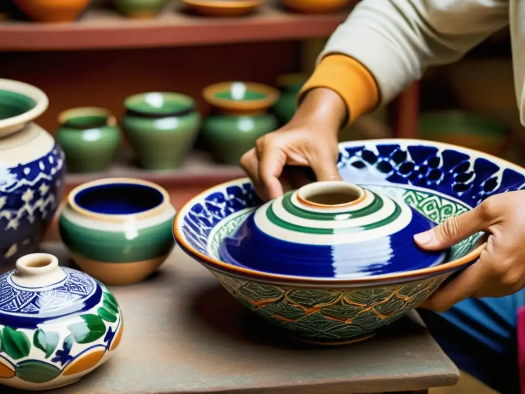 Artesanos de Talavera: Tradición y Color Inversión en cerámica de Talavera: Artesanos pintando a mano en un taller tradicional con cerámica colorida y cálida iluminación, evocando la artesanía atemporal