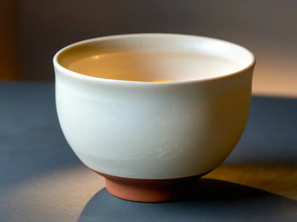 Una cerámica de Hagi japonesa artística: un tazón de té de cerámica con esmalte crema, grietas sutiles y textura orgánica