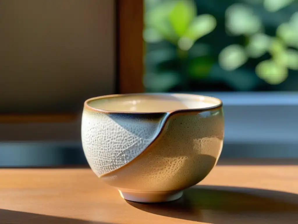 Wabi Sabi en la cerámica japonesa: Detalle de un tazón de té de cerámica artesanal con forma orgánica, textura terrosa y esmalte craquelado en tonos tierra, iluminado por suave luz dappled