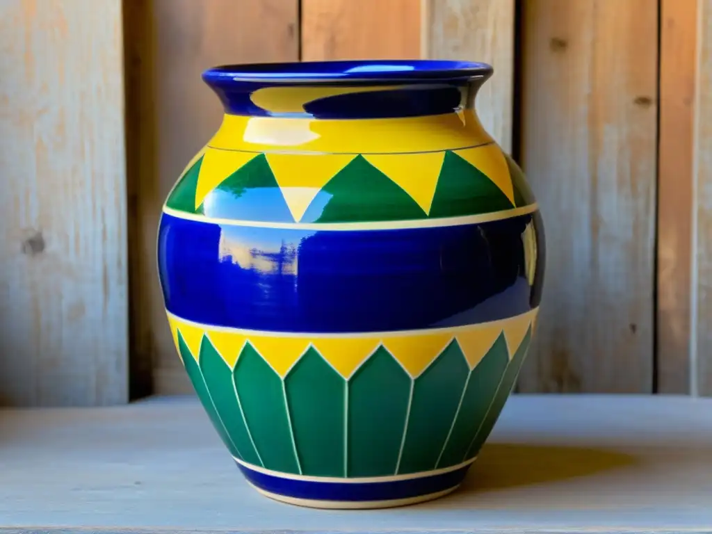 Jarrón de Talavera pintado a mano: Tradición en azul, verde y amarillo Inversión en cerámica de Talavera: un jarrón de cerámica pintado a mano con patrones florales y geométricos en tonos vibrantes de azul, verde y amarillo, sobre un fondo rústico que evoca historia y tradición